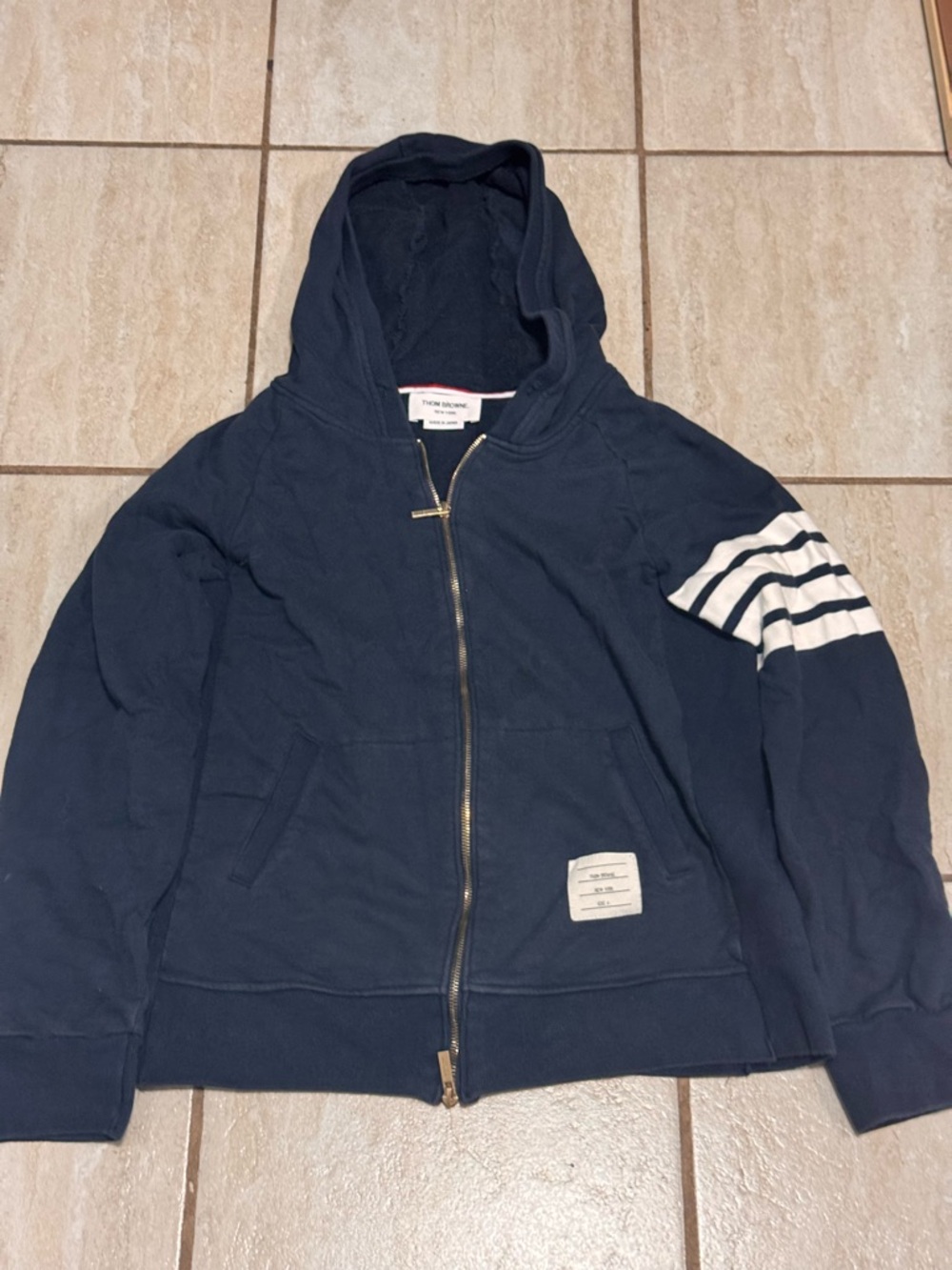 Thom Browne Navy Zip Hoodie with White Sleeve Stripes